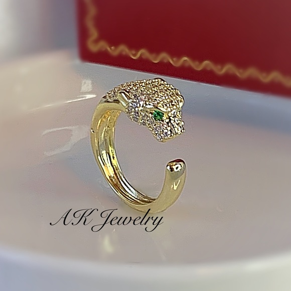 💎18K RING Panther Leopard Ring, Cheetah Gold Pave Design, Gold Plated Resizable - Picture 2 of 4